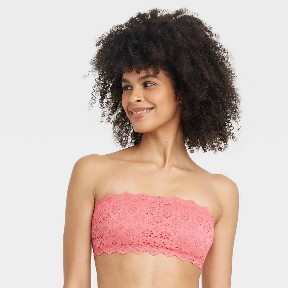 Women's Eyelet Lace Lightly Lined Bandeau Bralette - Auden™ Coral M: